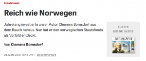 In DIE ZEIT habe ich zusammengefasst, wie ich selber begonnen habe, nach der norwegischen Finanzformel zu investieren, um reich wie Norwegen zu werden (Screenshot von www.zeit.de ).